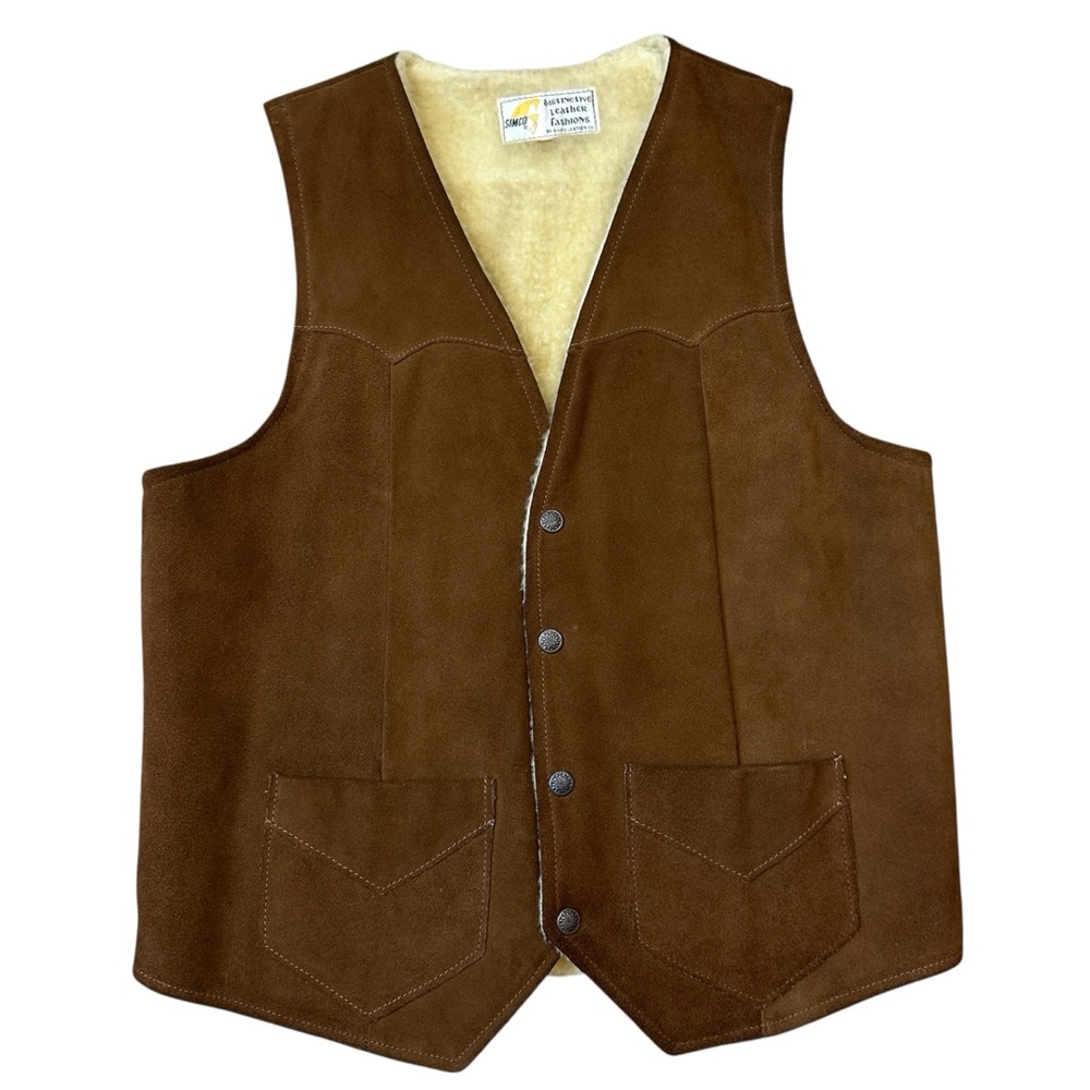 Vintage SIMCO Leather Co. Brown Suede Pile Lined Western Cowboy Vest Men’s 42